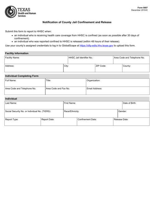 Form 0007 Notification of County Jail Confinement and Release - Texas