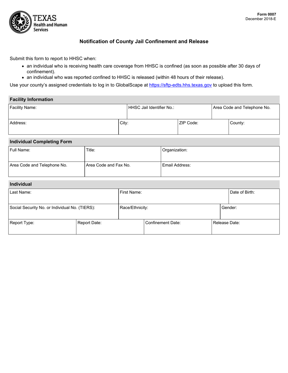Form 0007 Notification of County Jail Confinement and Release - Texas, Page 1