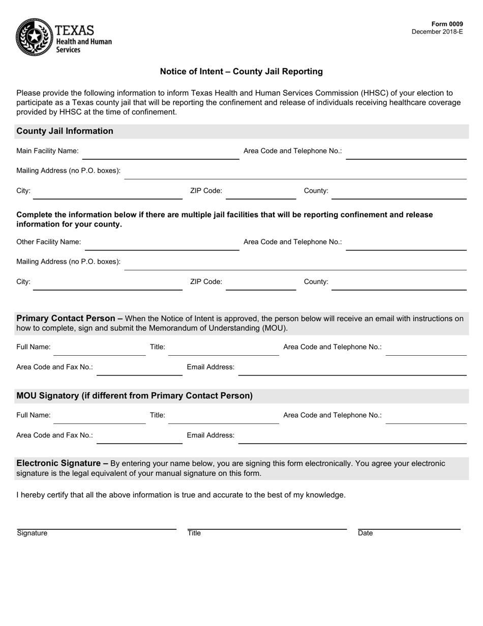 Form 0009 Notice of Intent - County Jail Reporting - Texas, Page 1