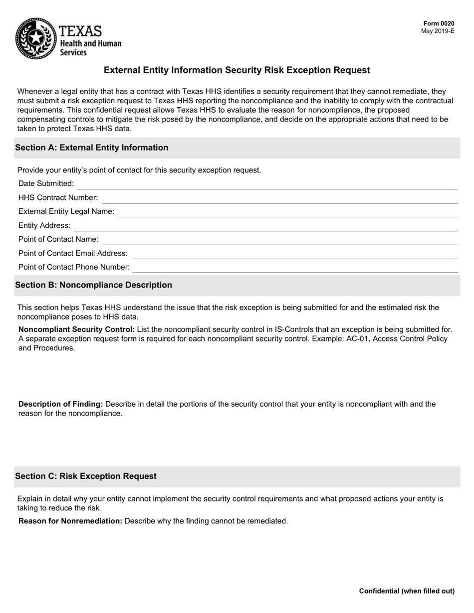 Form 0020 External Entity Information Security Risk Exception Request - Texas, Page 1