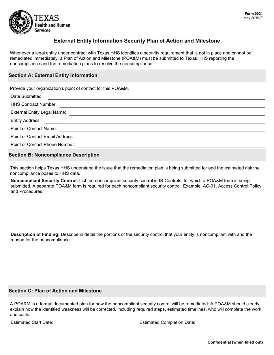 Form 0021 External Entity Information Security Plan of Action and Milestone - Texas, Page 1