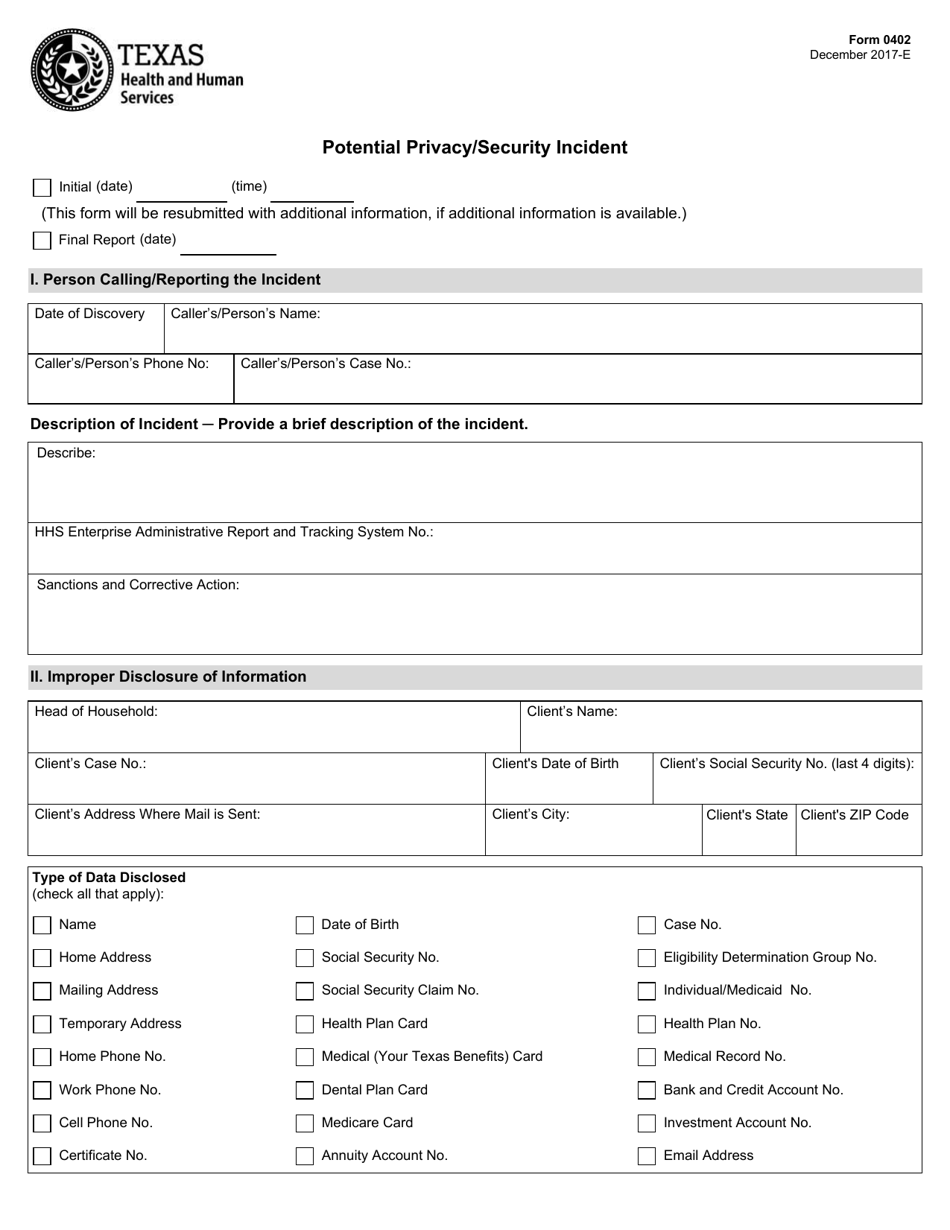 Form 0402 Potential Privacy / Security Incident - Texas, Page 1