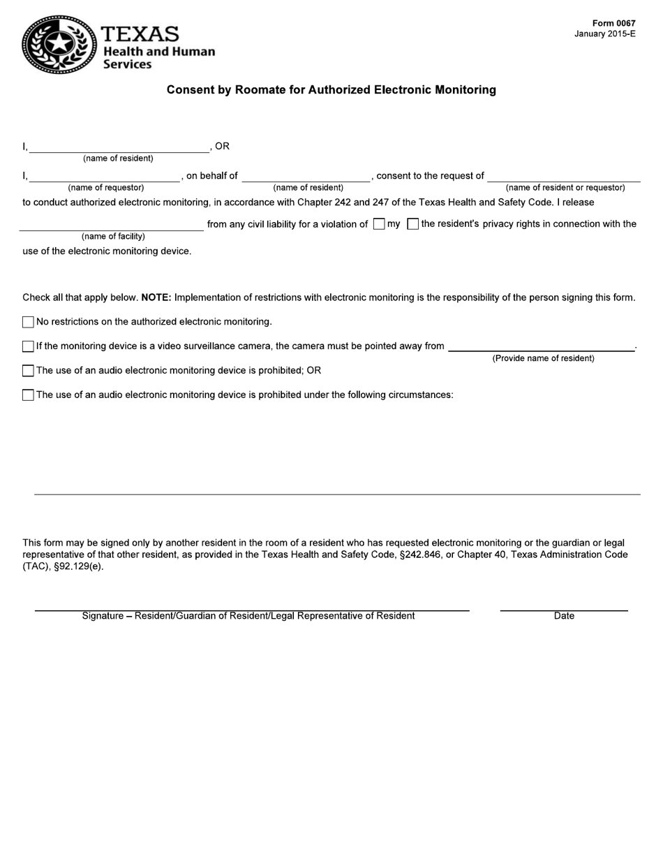 Form 0067 Consent by Roommate for Authorized Electronic Monitoring - Texas, Page 1