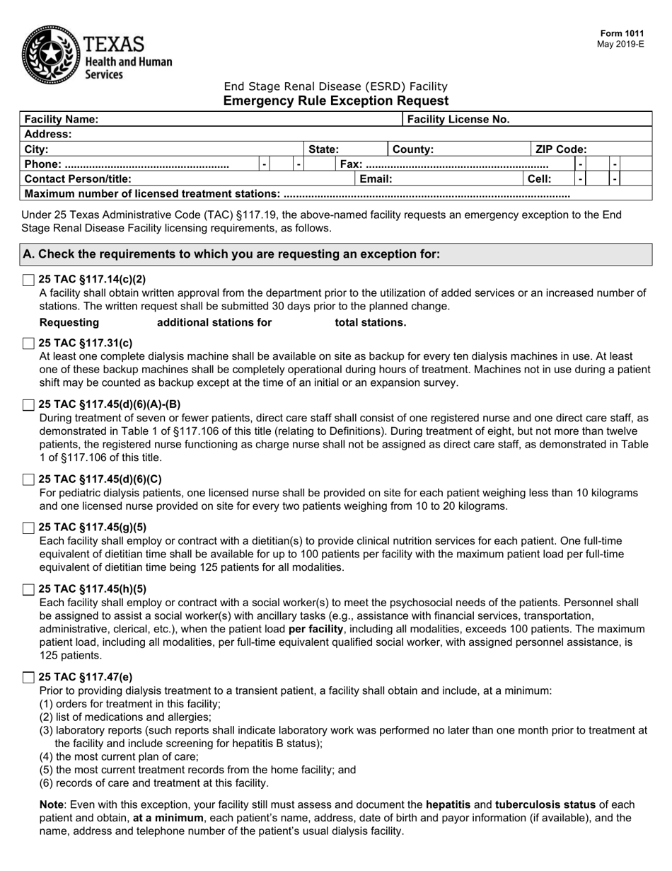 Form 1011 End Stage Renal Disease (Esrd) Facility Emergency Rule Exception Request - Texas, Page 1