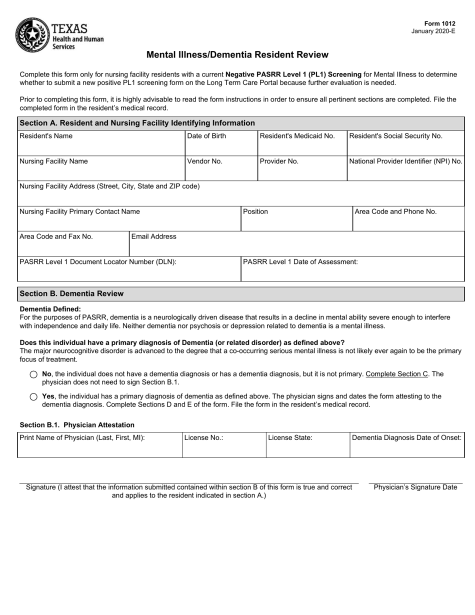 Form 1012 Mental Illness / Dementia Resident Review - Texas, Page 1