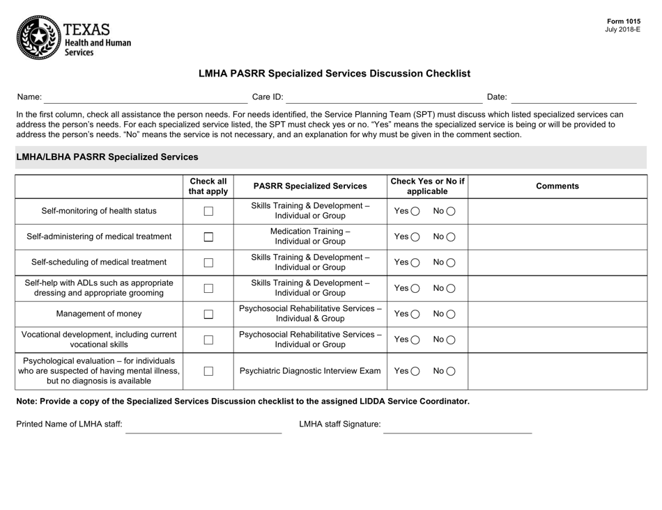 Form 1015 Lmha Pasrr Specialized Services Discussion Checklist - Texas, Page 1