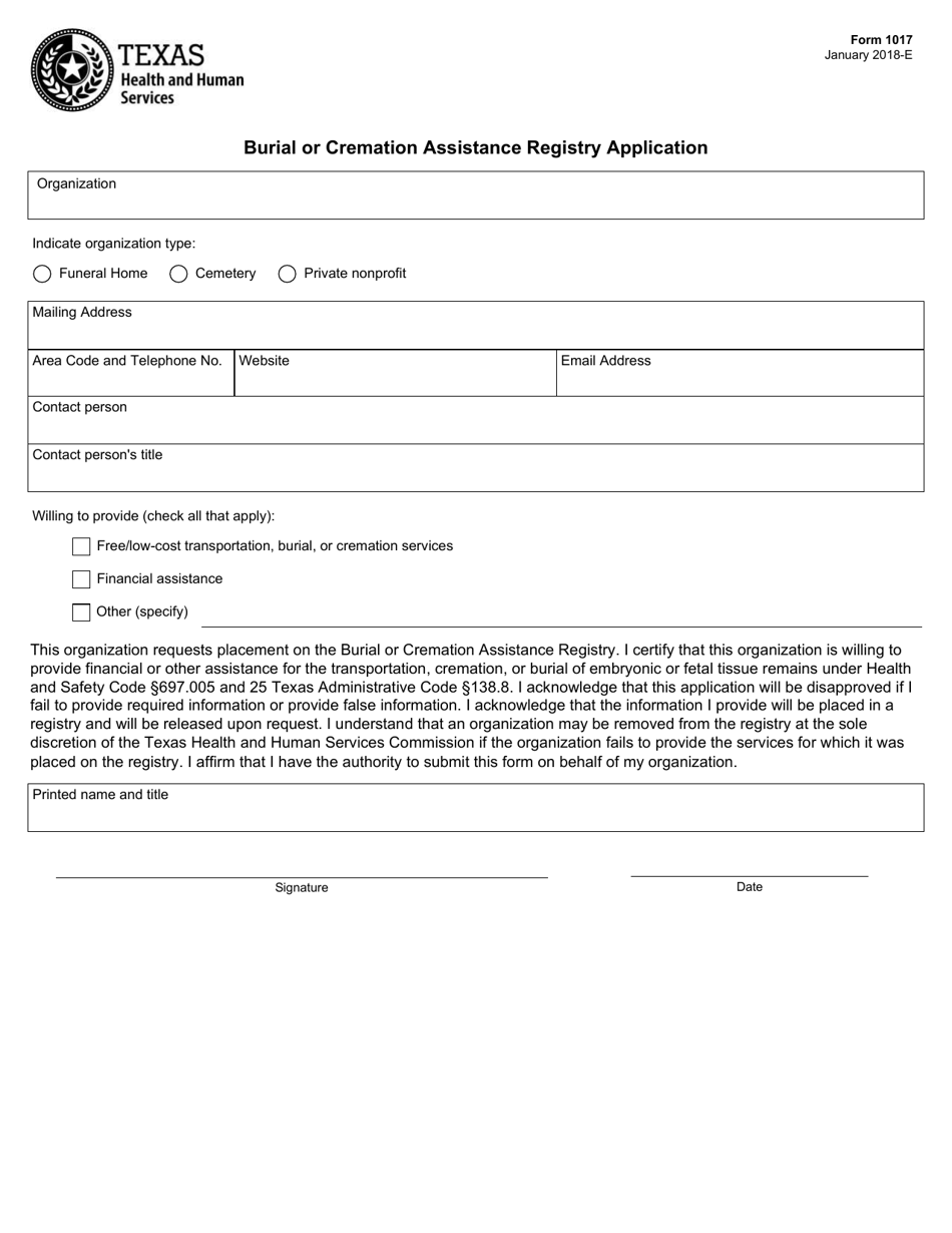 Form 1017 Burial or Cremation Assistance Registry Application - Texas, Page 1