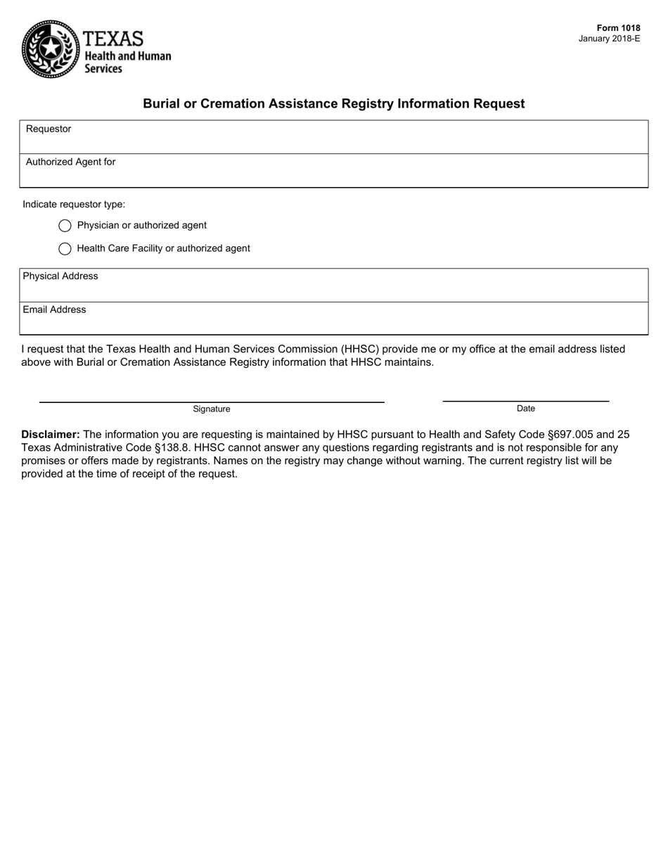 Form 1018 Burial or Cremation Assistance Registry Information Request - Texas, Page 1