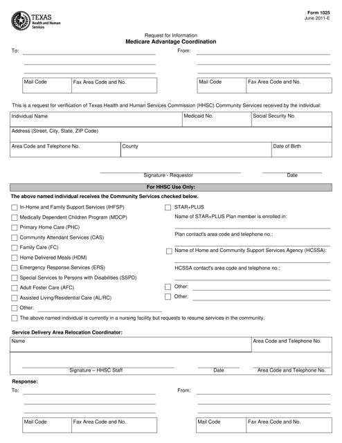 Form 1025 Request for Information Medicare Advantage Coordination - Texas