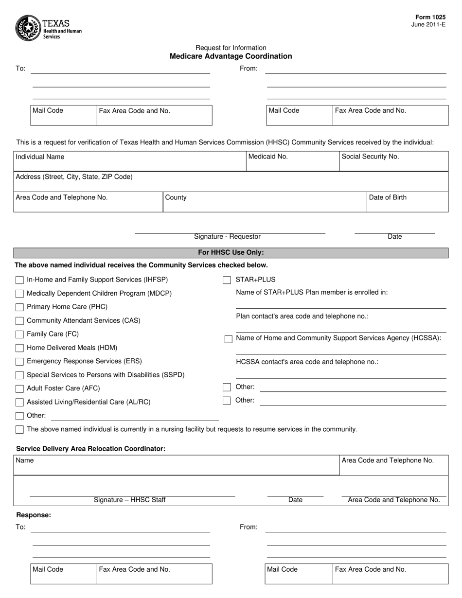 Form 1025 Request for Information Medicare Advantage Coordination - Texas, Page 1