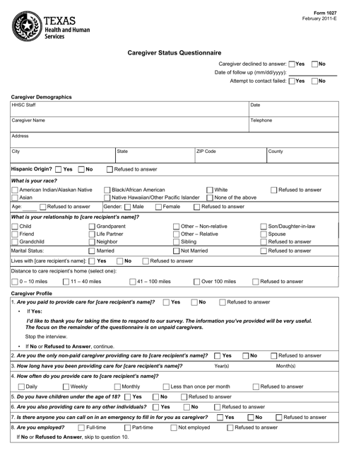 Form 1027 Caregiver Status Questionnaire - Texas