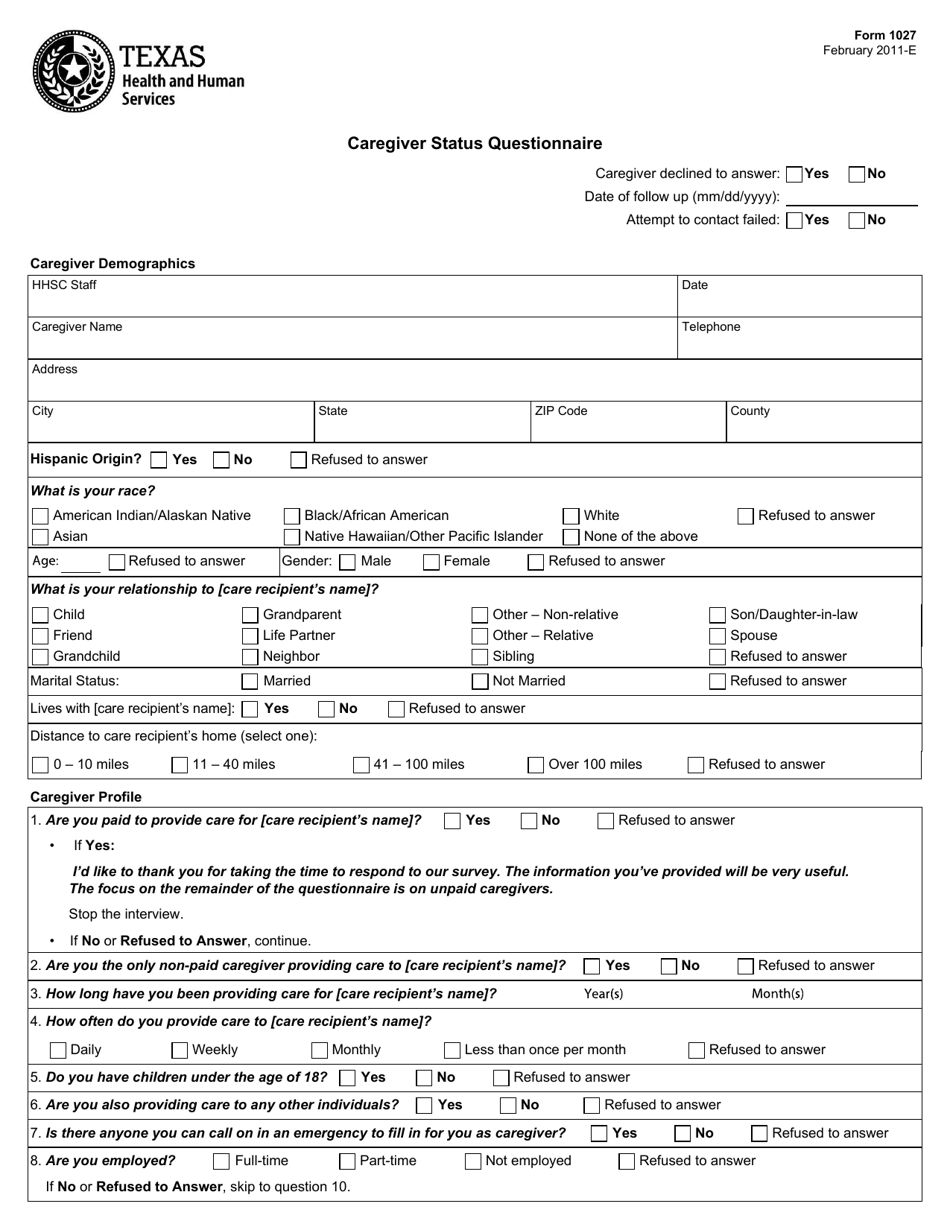Form 1027 Caregiver Status Questionnaire - Texas, Page 1