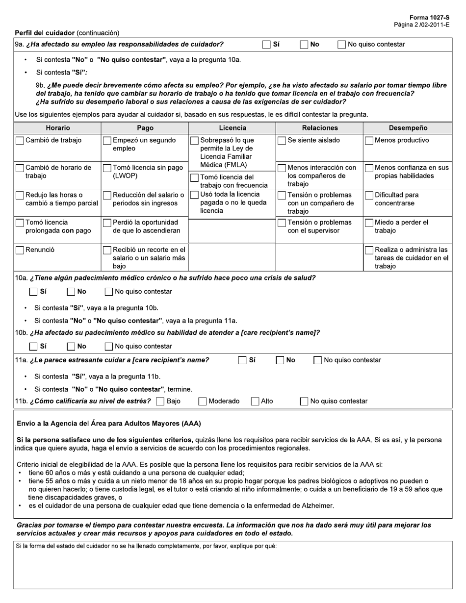 Formulario 1027-S Cuestionario Sobre El Estado Del Cuidador - Texas (Spanish), Page 2