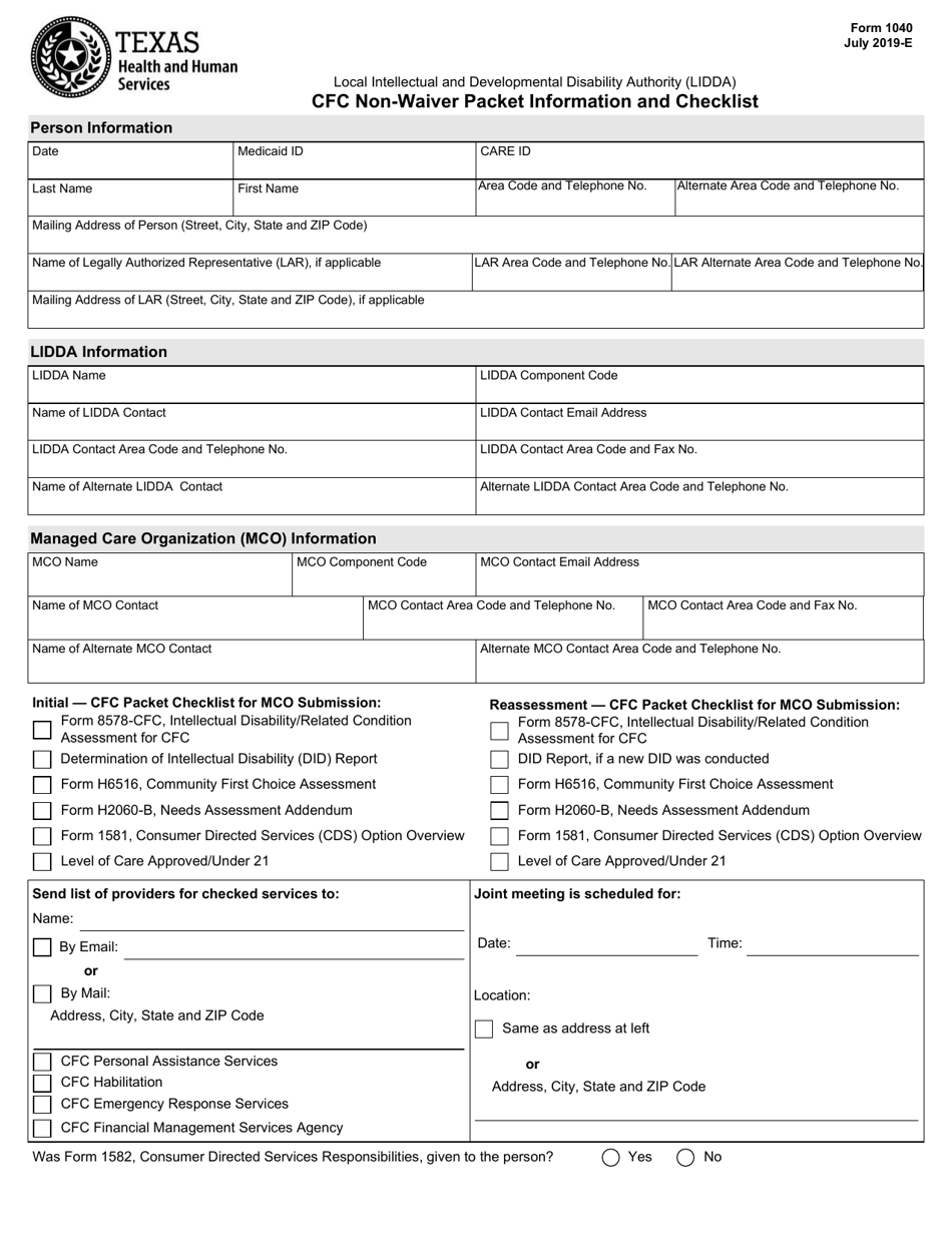 Form 1040 Cfc Non-waiver Packet Information and Checklist - Texas, Page 1