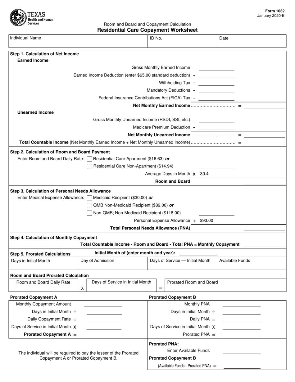 Form 1032 Residential Care Copayment Worksheet - Texas, Page 1