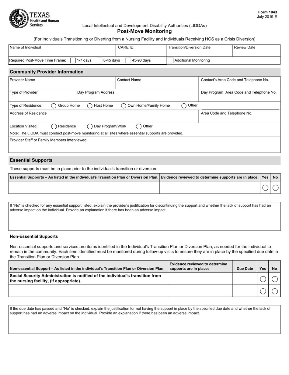 Form 1043 Post-move Monitoring - Texas, Page 1