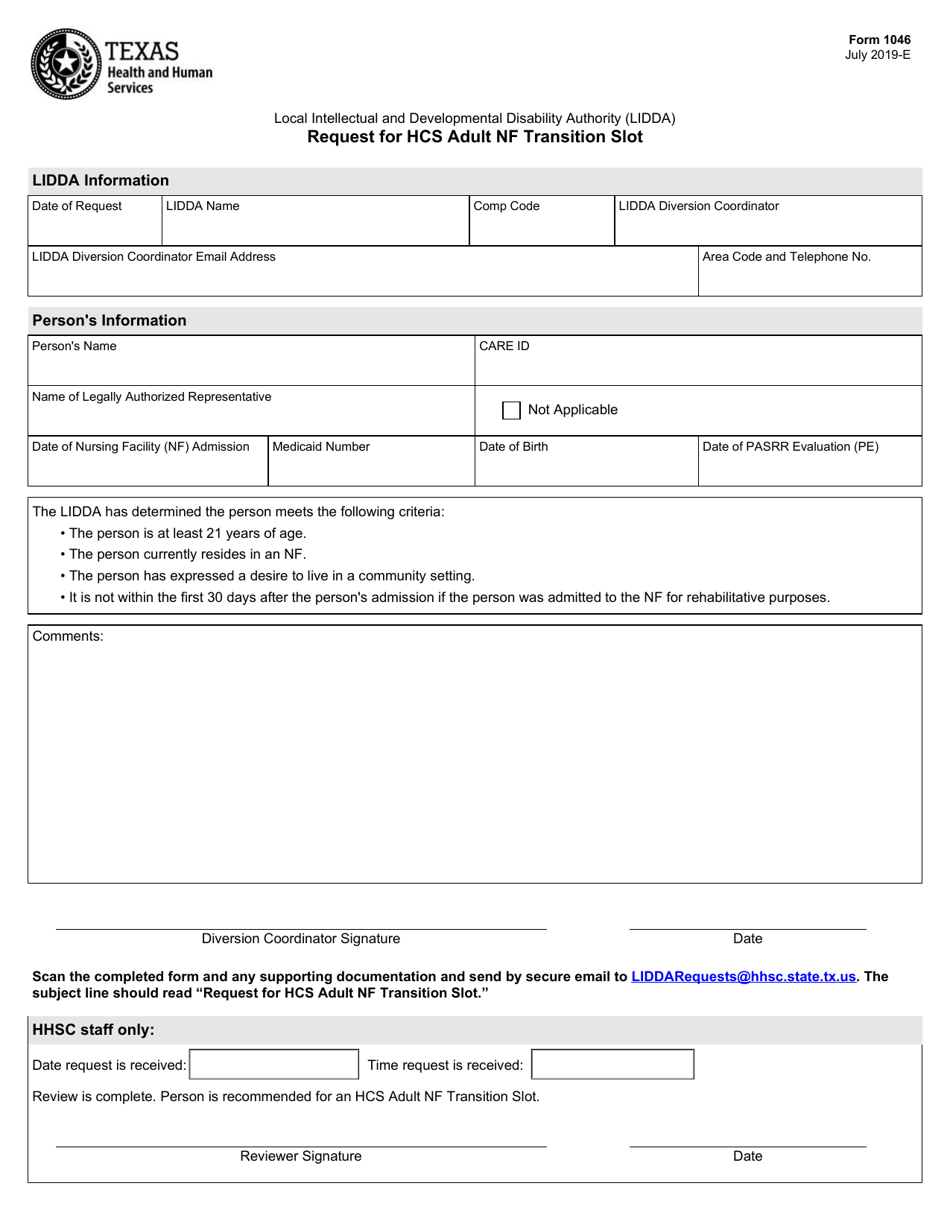 Form 1046 Request for Hcs Adult Nf Transition Slot - Texas, Page 1