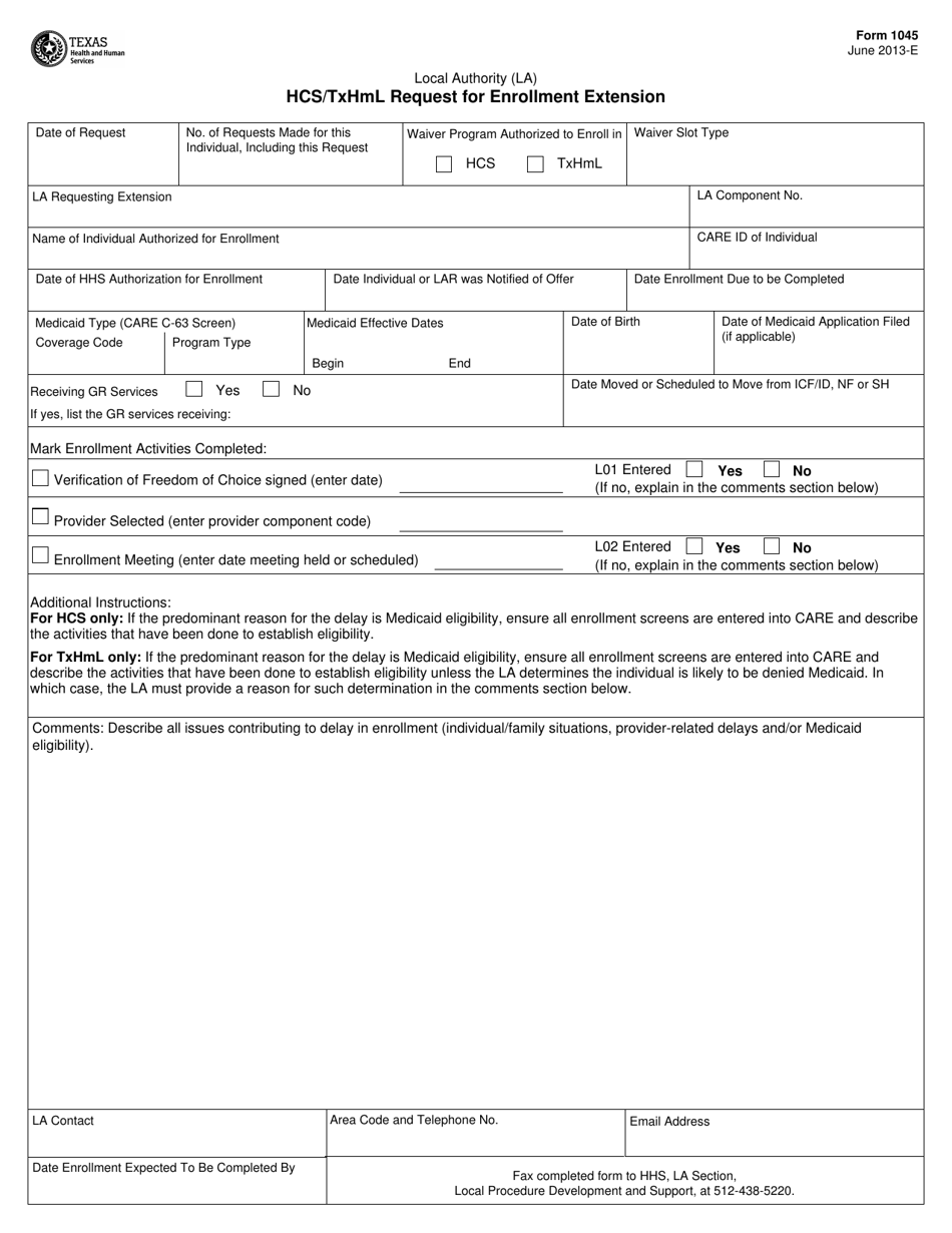 Form 1045 Hcs / Txhml Request for Enrollment Extension - Texas, Page 1