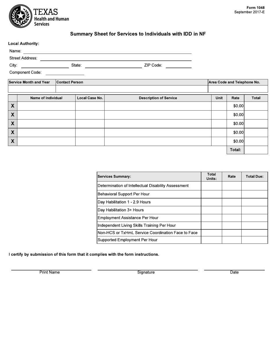 Form 1048 Summary Sheet for Services to Individuals With Idd in Nf - Texas, Page 1