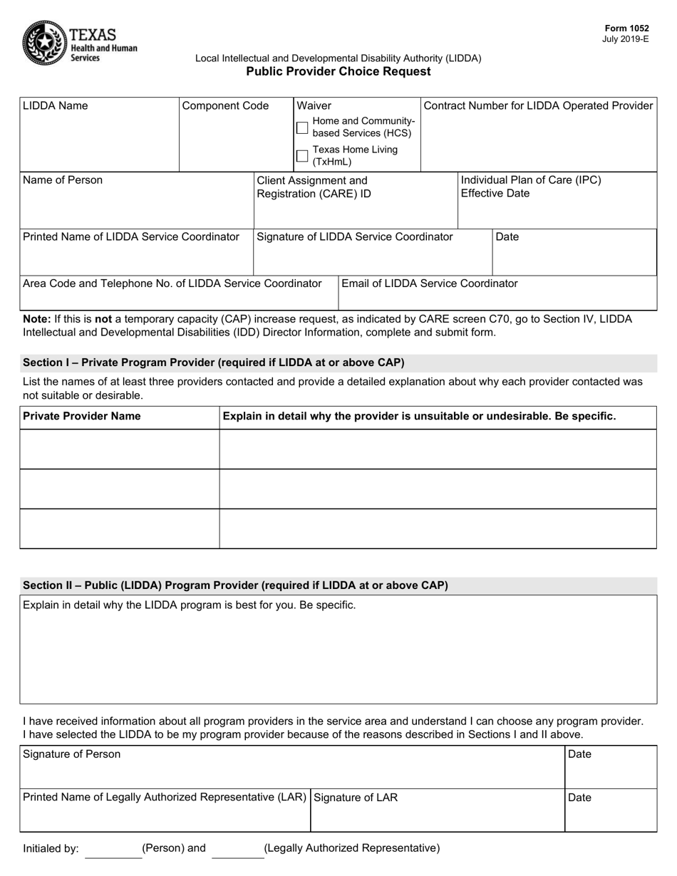 Form 1052 Public Provider Choice Request - Texas, Page 1