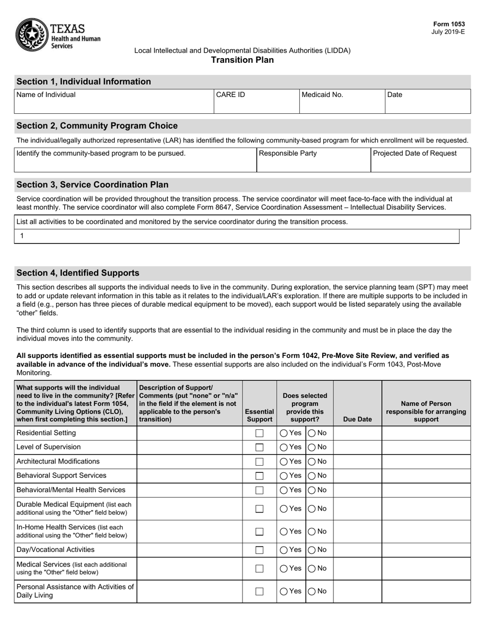 Form 1053 Transition Plan - Texas, Page 1