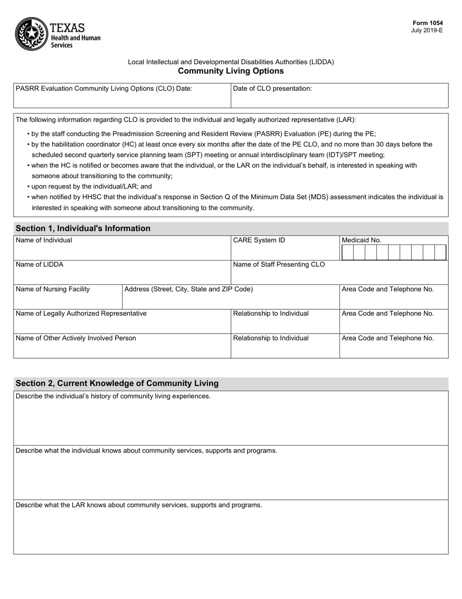 Form 1054 Community Living Options - Texas, Page 1