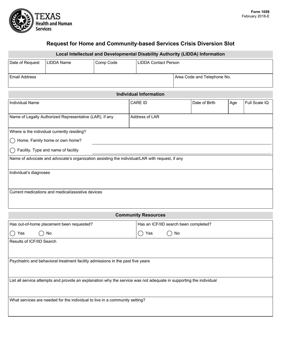 Form 1058 Request for Home and Community-Based Services Crisis Diversion Slot - Texas, Page 1