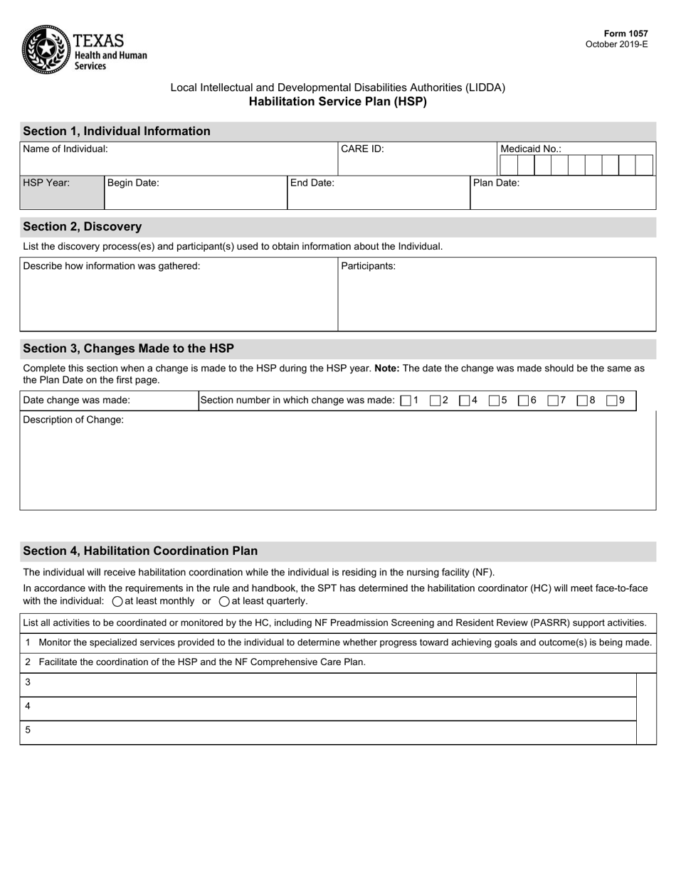 Form 1057 Habilitation Service Plan (Hsp) - Texas, Page 1
