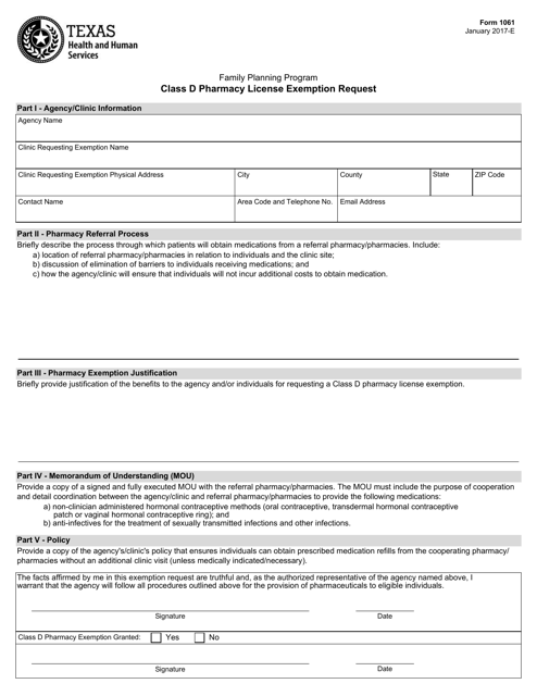 Document preview: Form 1061 Family Planning Program Class D Pharmacy License Exemption Request - Texas