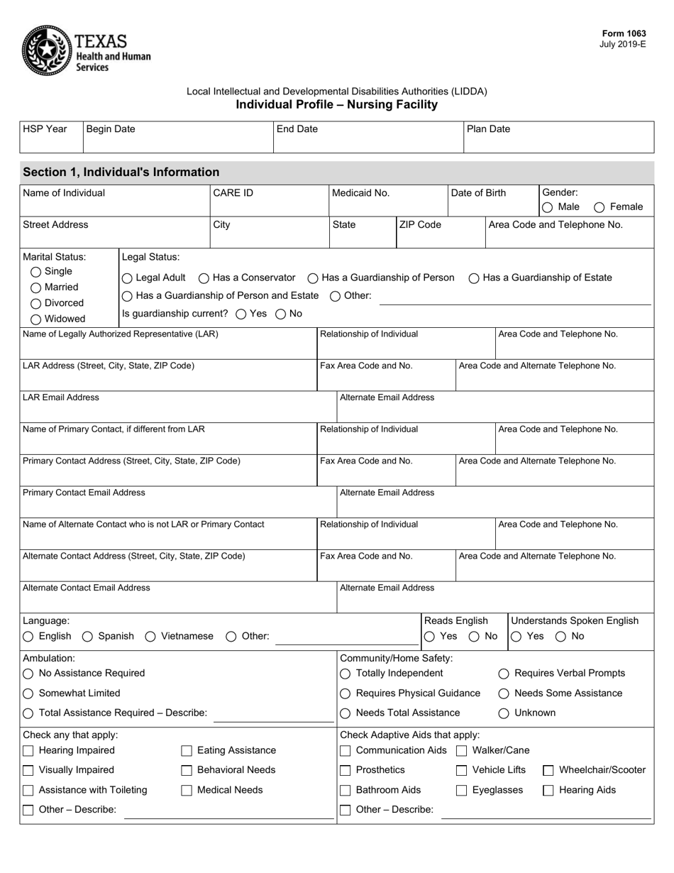 Form 1063 Individual Profile - Nursing Facility - Texas, Page 1