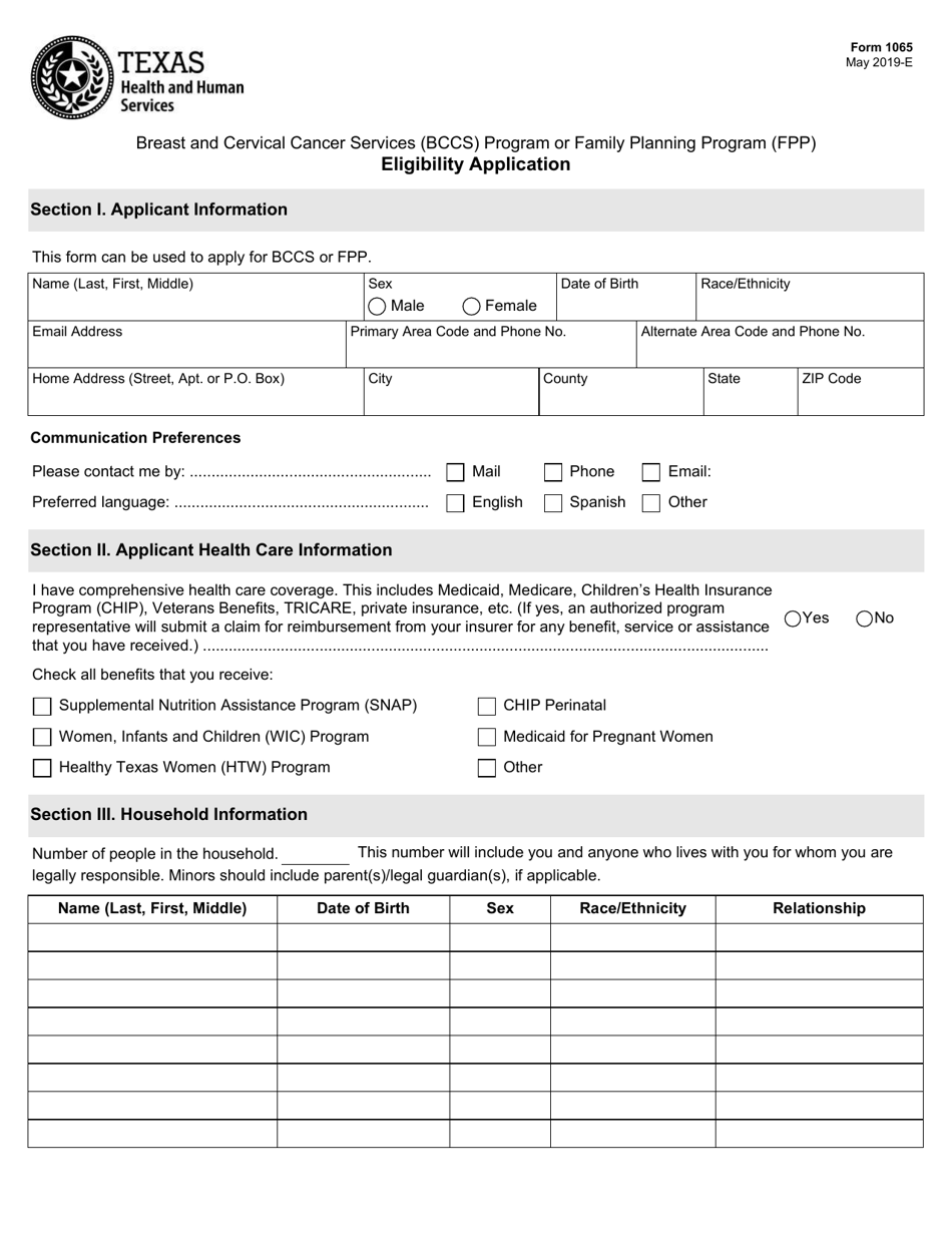 Form 1065 Breast and Cervical Cancer Services (Bccs) Program or Family Planning Program (Fpp) Eligibility Application - Texas, Page 1
