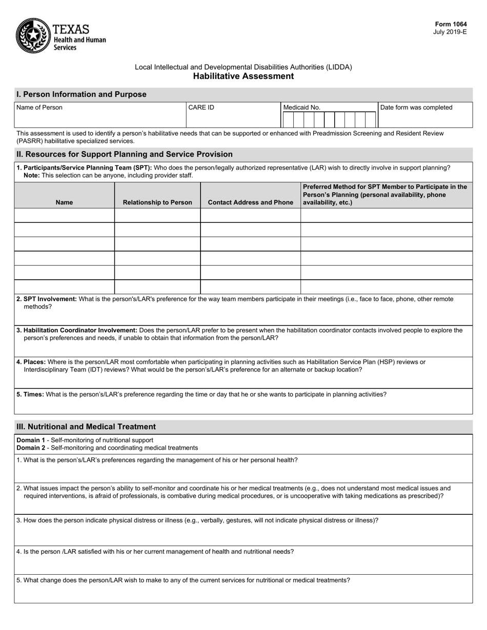 Form 1064 Habilitative Assessment - Texas, Page 1