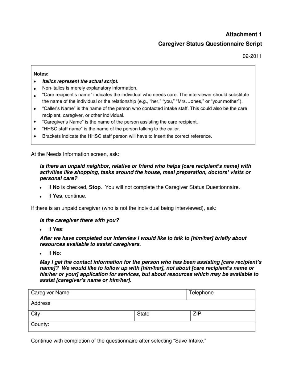 Form 1027 Attachment 1 Caregiver Status Questionnaire Script - Texas, Page 1
