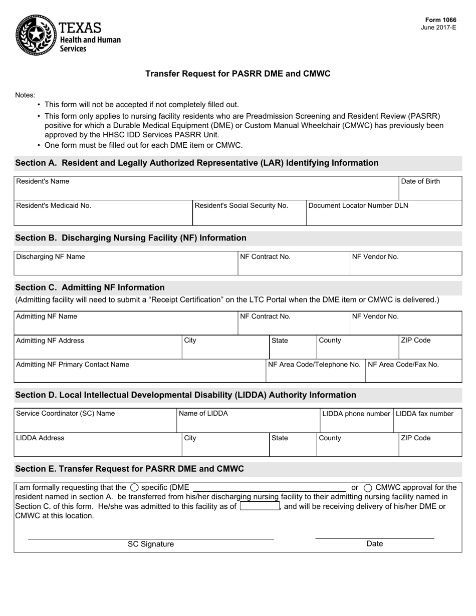 Form 1066 Transfer Request for Pasrr Dme and Cmwc - Texas, Page 1