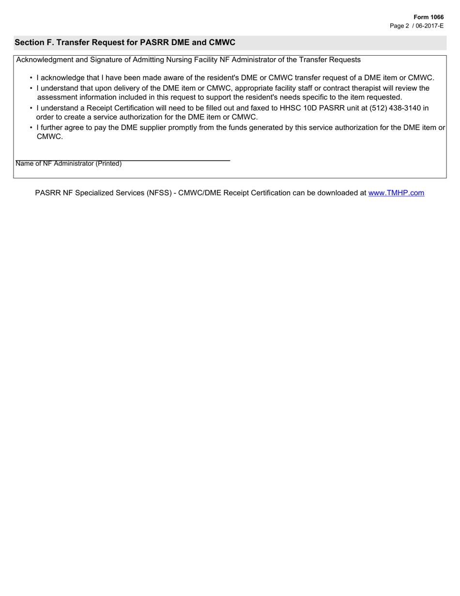 Form 1066 Transfer Request for Pasrr Dme and Cmwc - Texas, Page 2