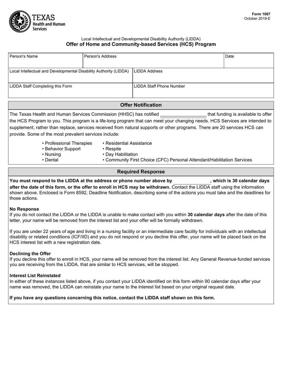 Form 1067 Offer of Home and Community-Based Services (Hcs) Program - Texas, Page 1