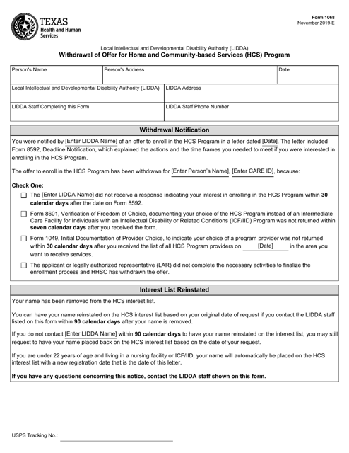 Form 1068 Withdrawal of Offer for Home and Community-Based Services (Hcs) Program - Texas