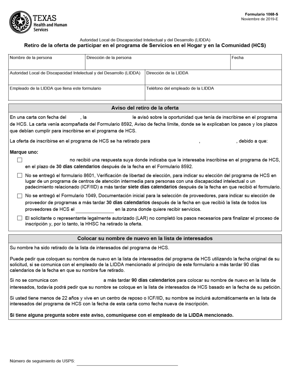 Formulario 1068-S Retiro De La Oferta De Participar En El Programa De Servicios En El Hogar Y En La Comunidad (Hcs) - Texas (Spanish), Page 1