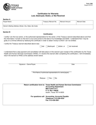Document preview: Form 1084 Certification for Warrants Lost, Destroyed, Stolen, or Not Received - Texas