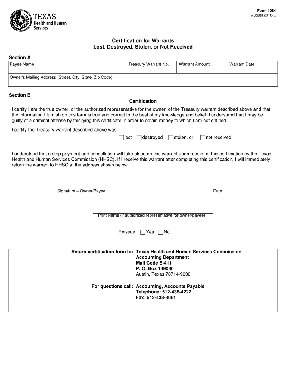 Form 1084 Certification for Warrants Lost, Destroyed, Stolen, or Not Received - Texas, Page 1