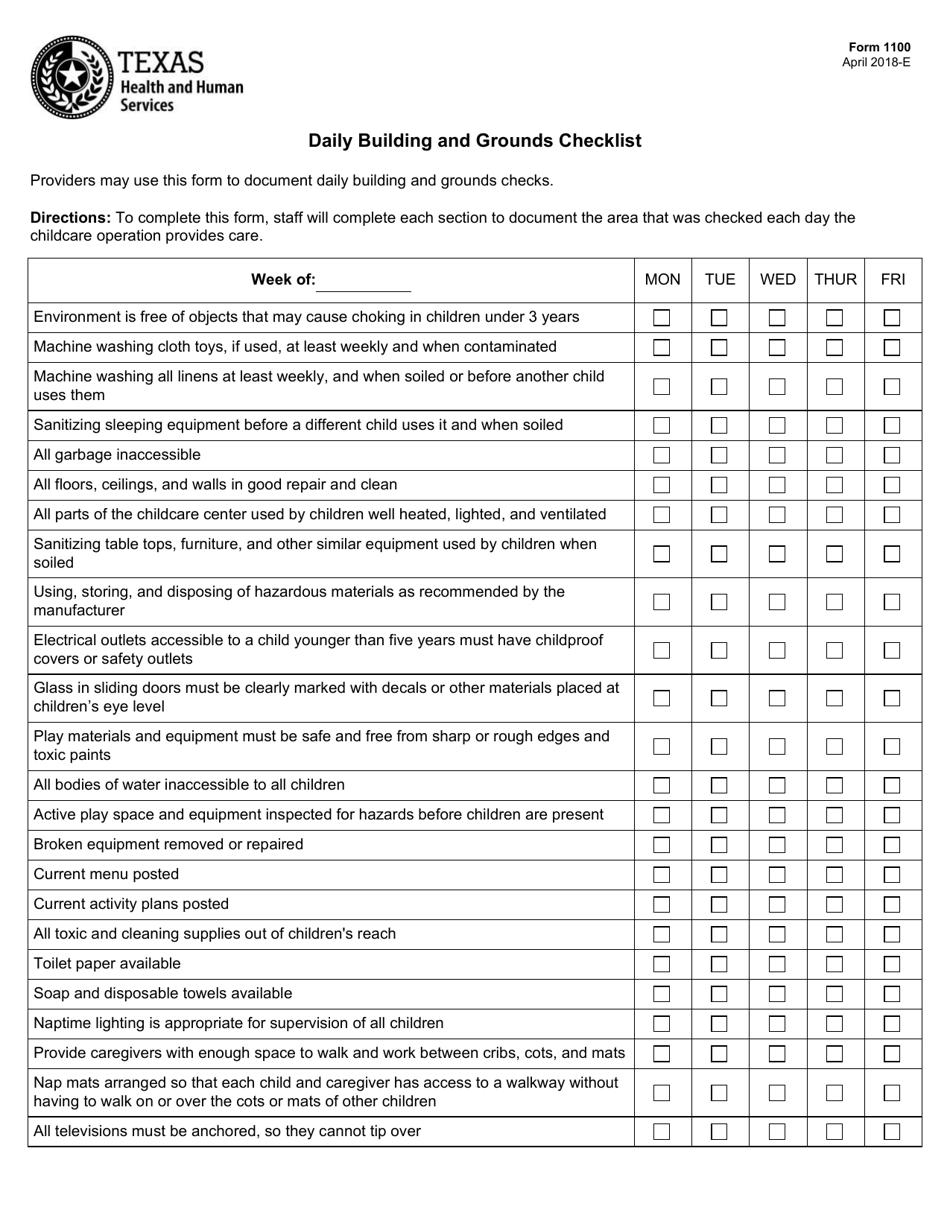 Form 1100 Daily Building and Grounds Checklist - Texas, Page 1