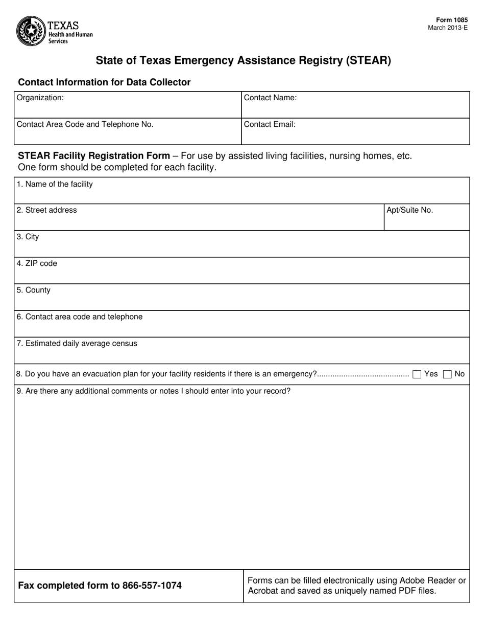 Form 1085 Download Fillable PDF or Fill Online State of Texas Emergency