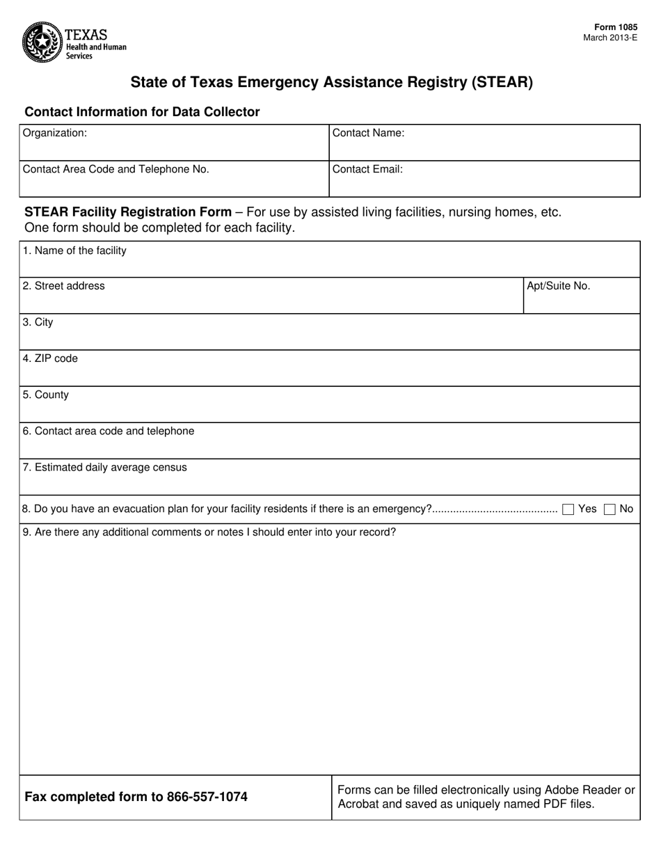 Form 1085 State of Texas Emergency Assistance Registry (Stear) - Texas, Page 1