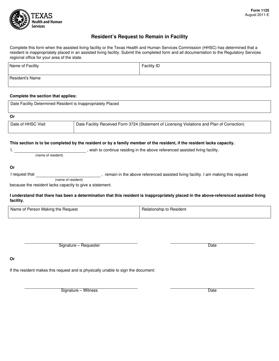 Form 1125 Resident's Request to Remain in Facility - Texas, Page 1