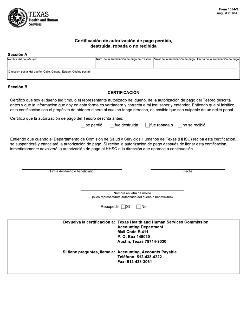 Formulario 1084-S Certificacion De Autorizacion De Pago Perdida, Destruida, Robada O No Recibida - Texas (Spanish), Page 1