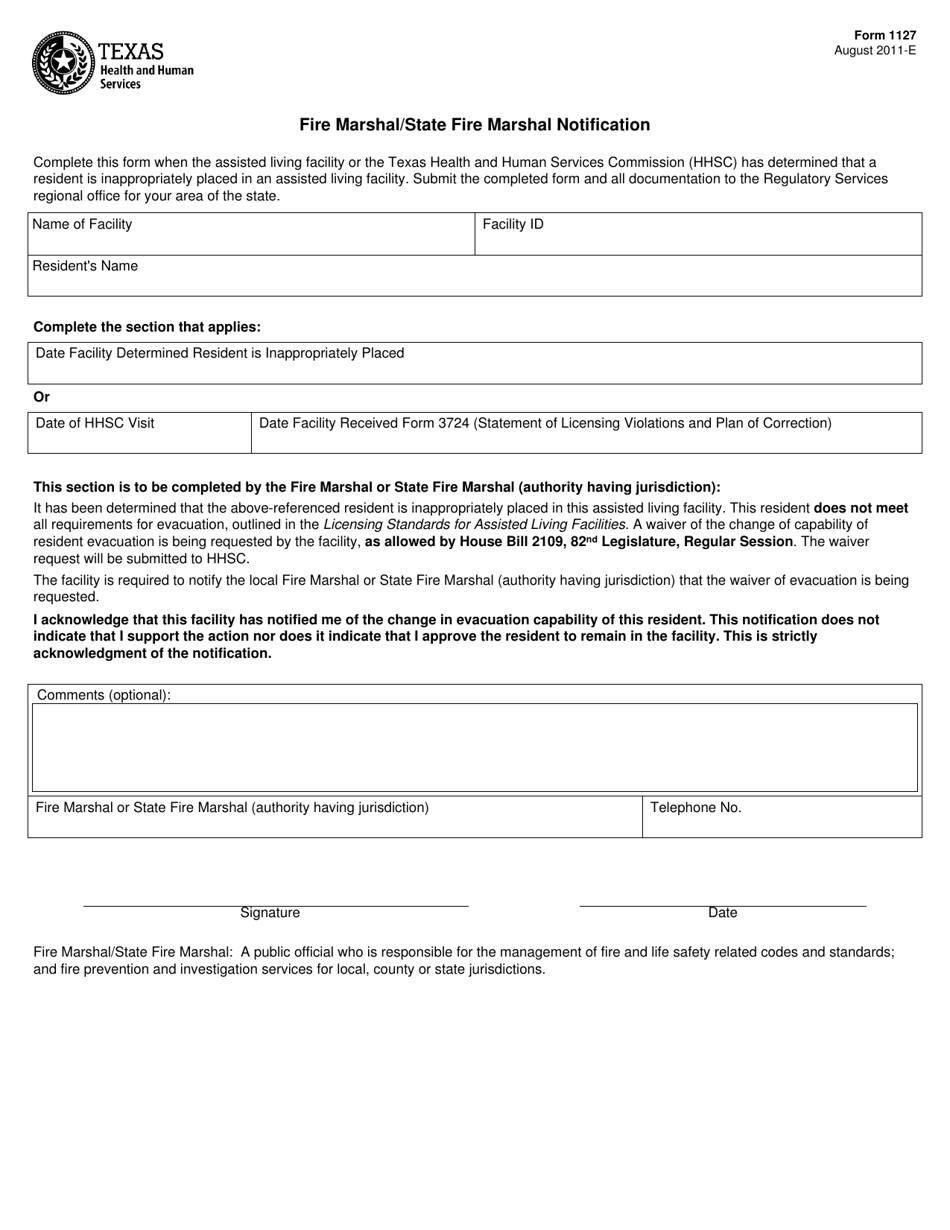 Form 1127 Fire Marshal / State Fire Marshal Notification - Texas, Page 1