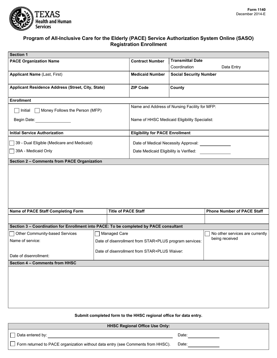 Form 1140 Program of All-inclusive Care for the Elderly (Pace) Service Authorization System Online (Saso) Registration Enrollment - Texas, Page 1