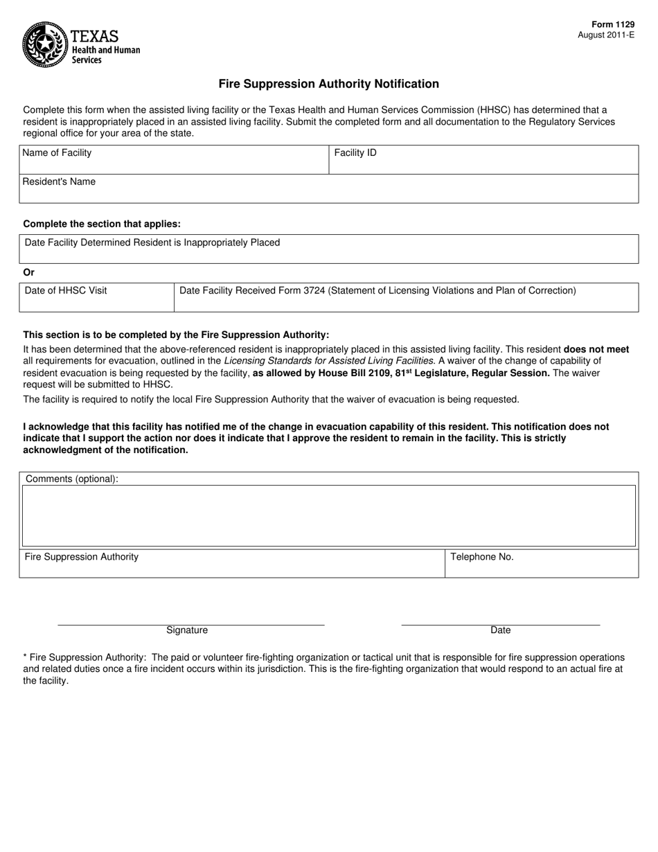 Form 1129 Fire Suppression Authority Notification - Texas, Page 1