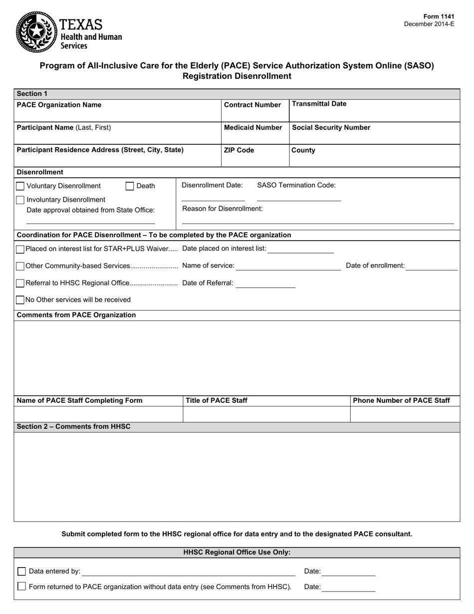 Form 1141 Program of All-inclusive Care for the Elderly (Pace) Service Authorization System Online (Saso) Registration Disenrollment - Texas, Page 1