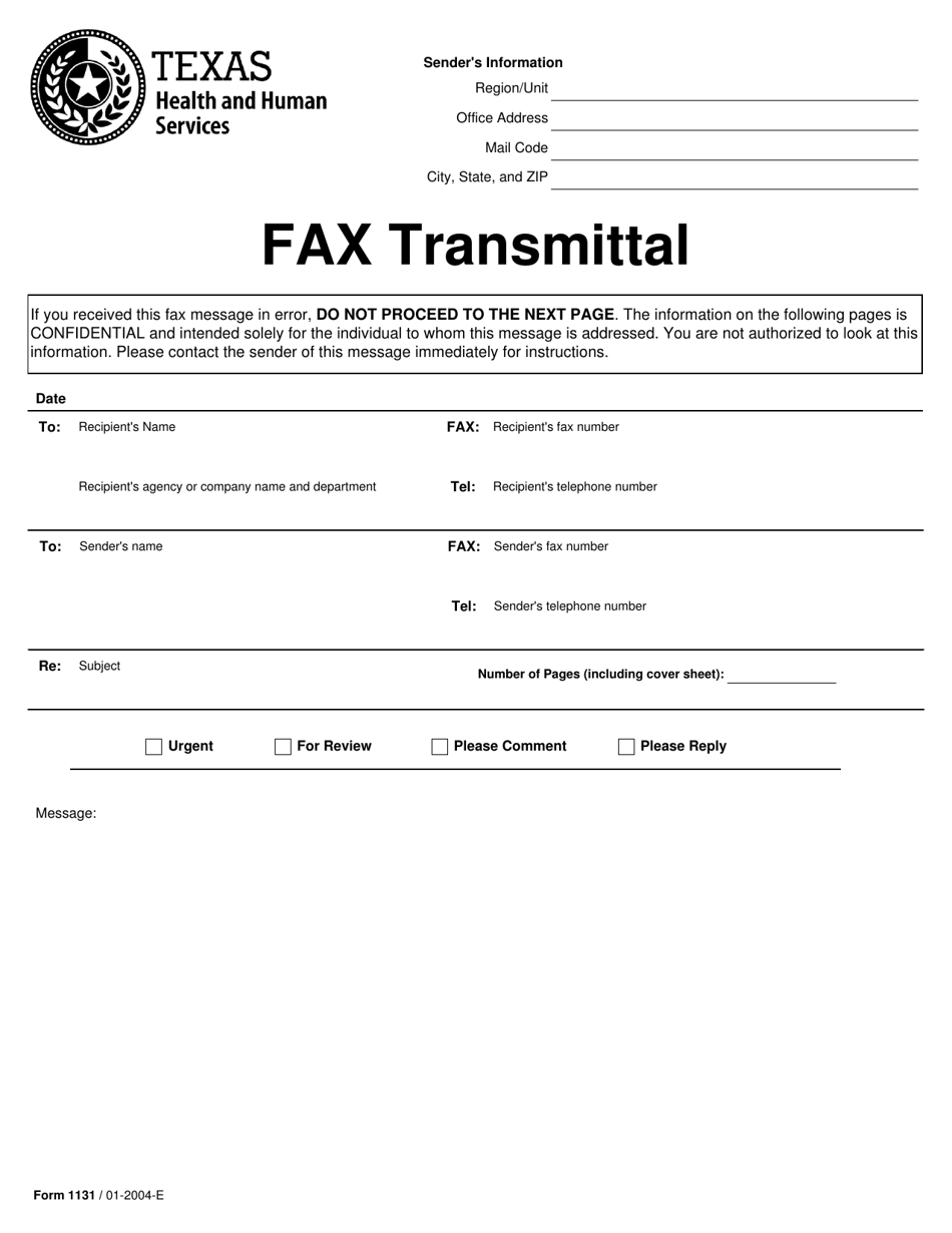 Form 1131 Individually Identifiable Health Information Fax Transmittal - Texas, Page 1